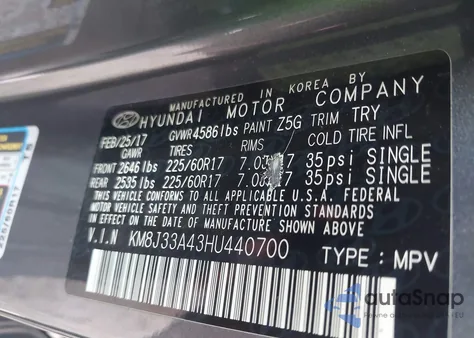 2017 Hyundai Tucson Se Plus z USA, uszkodzony, nr VIN KM8J33A43HU440700